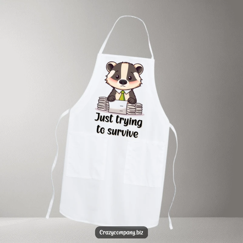Funny kitchen apron showing a confused badger in a crooked tie, struggling with a massive pile of paperwork.