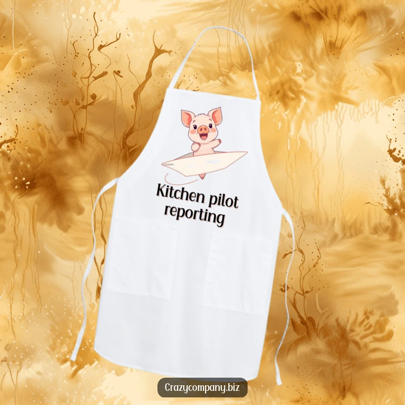 Funny kitchen apron showing a delighted piglet riding a large, unsteady paper airplane with a big smile.