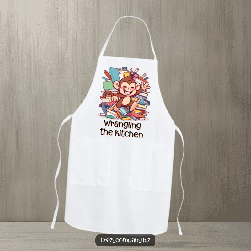 Funny apron featuring a chattering monkey with a mischievous grin, leaping through oversized office supplies, adding playful chaos to kitchen tasks.