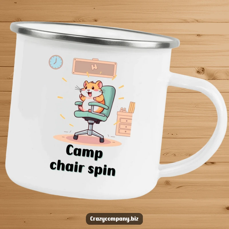 Funny, durable camping mug featuring a frantic hamster spinning wildly on an office chair, ready for outdoor energy.