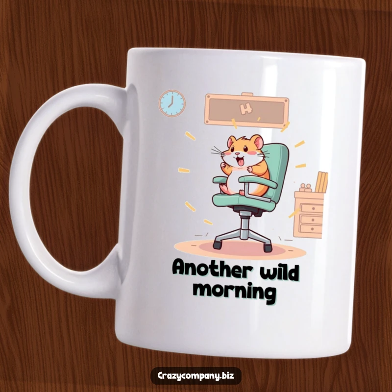 Funny hamster spinning wildly on an oversized office chair on a coffee mug, representing frantic energy and office life.