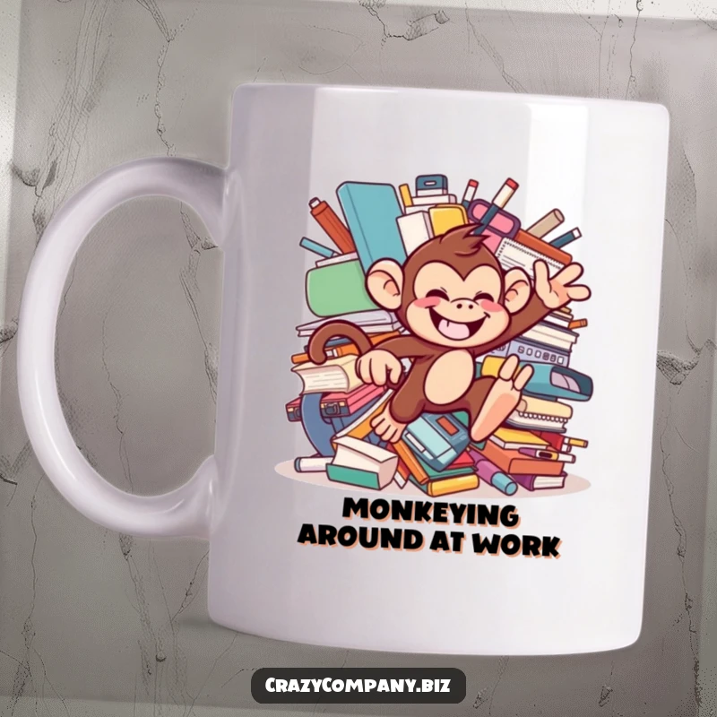 Funny monkey with a mischievous grin leaping through oversized office supplies on a coffee mug, representing office chaos and jungle fun.
