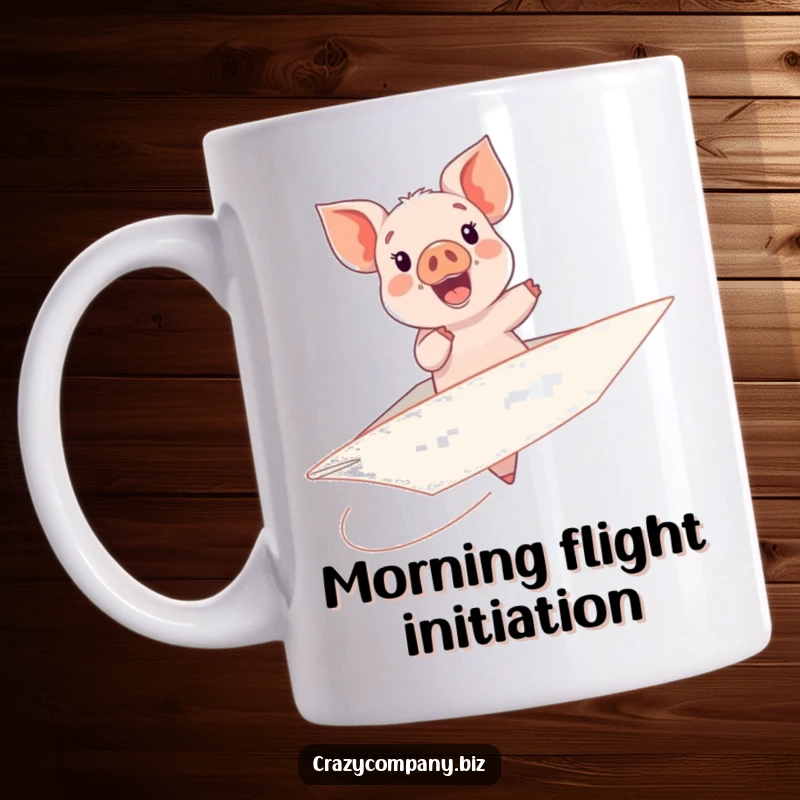 Funny mug showing a gleeful piglet excitedly riding a large, unsteady paper airplane through the air.