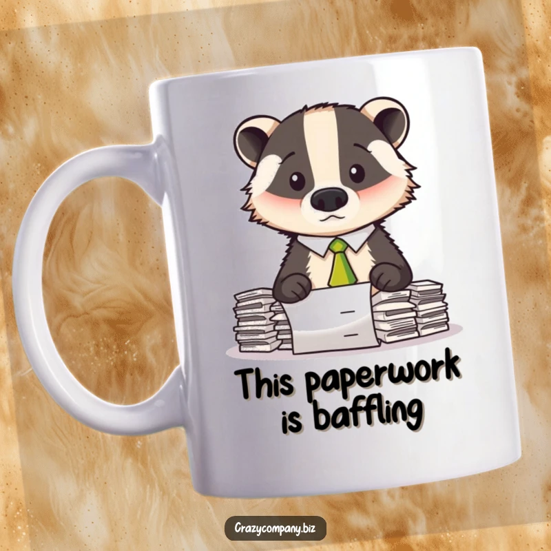 Funny mug depicting a confused badger in a crooked tie, overwhelmed by a huge stack of office papers.