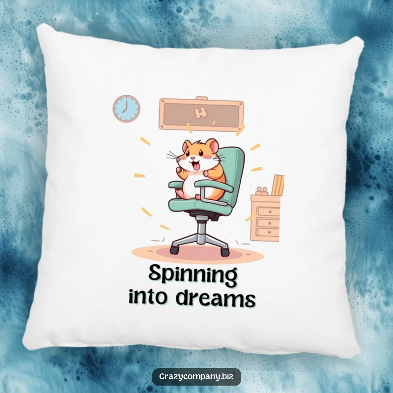 Funny, soft pillow featuring a frantic hamster spinning wildly on an oversized office chair, offering cozy comfort and energetic charm.
