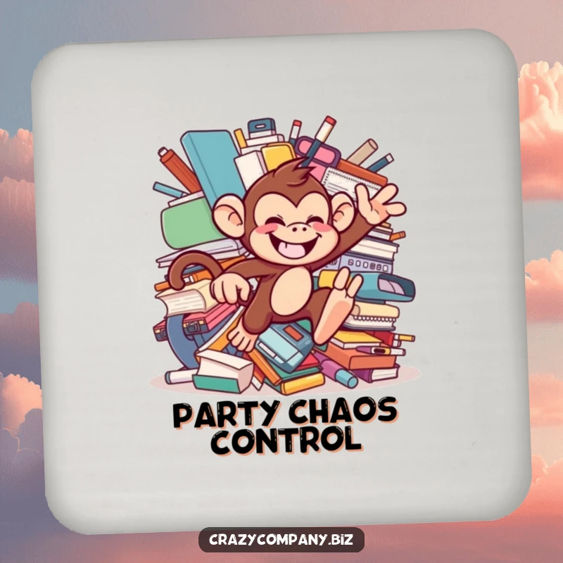Funny drink coaster featuring a chattering monkey with mischievous grin, leaping through oversized office supplies, adding playful protection.