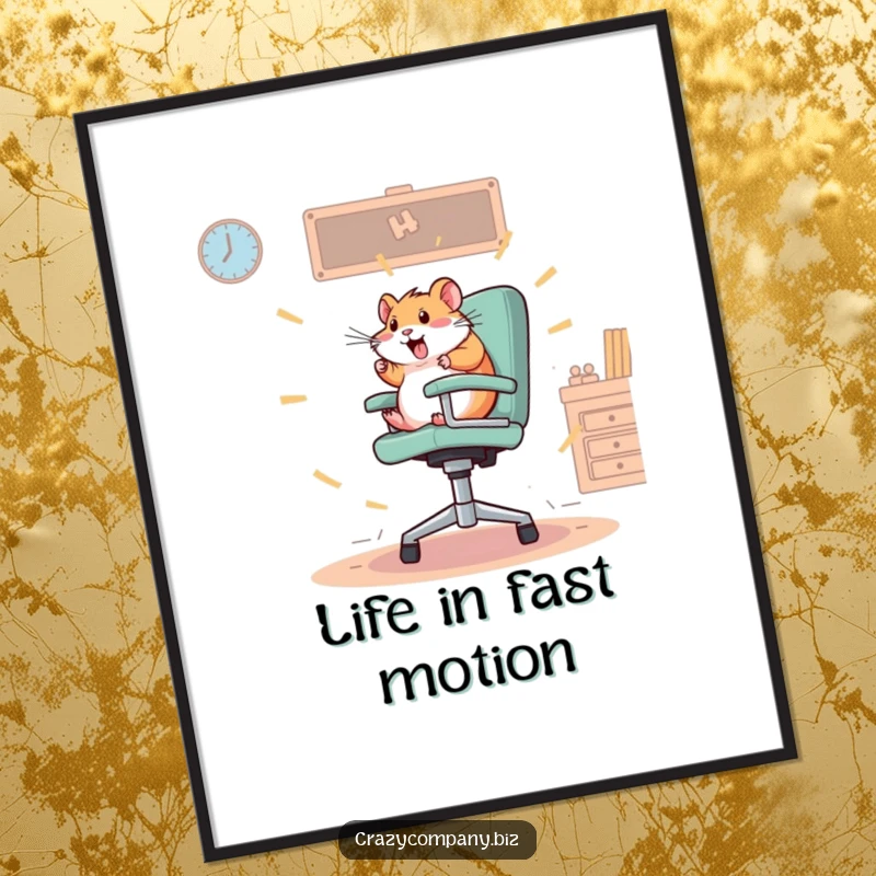 Funny poster of a frantic hamster spinning wildly on an oversized office chair, bringing energetic, humorous vibes to walls.