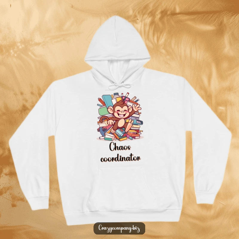 Funny hoodie with a chattering monkey, mischievous grin, leaping through oversized office supplies, offering cozy, chaotic comfort.