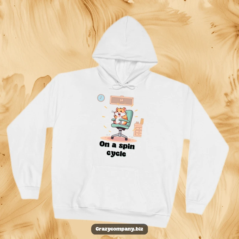 Funny hoodie with a frantic hamster spinning wildly on an oversized office chair, offering cozy comfort and energetic charm.