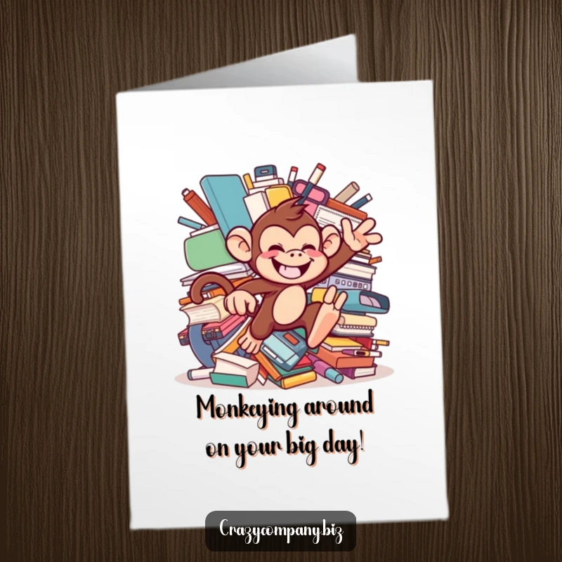 Funny Free Printable Birthday Card: A mischievous monkey leaping through oversized office supplies with a grin.