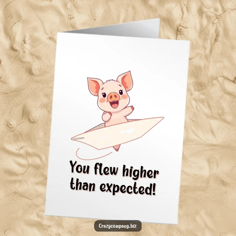 Funny Free Printable Congrats Card: Excited piglet rides a giant, wobbly paper airplane, symbolizing a fantastic DIY gift.