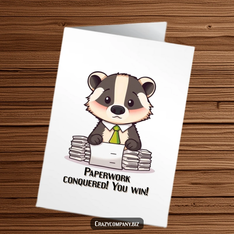 Funny Free Printable Congrats Card: Confused badger in crooked tie finally clears paperwork mountain, great downloadable gift.
