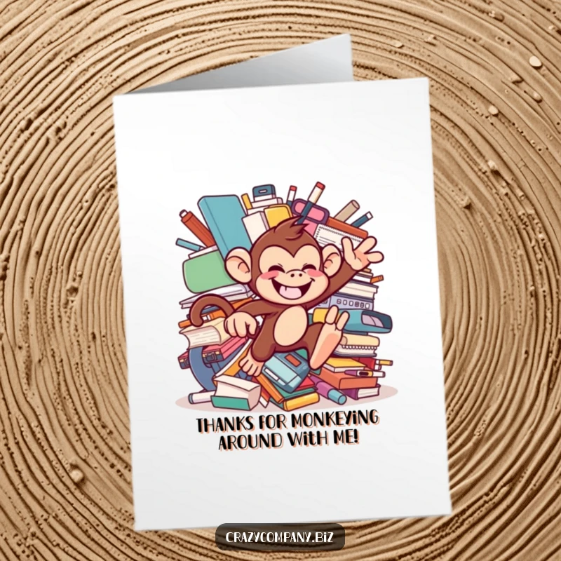 Funny Free Printable Thank You Card: A playful monkey causing chaos among large office supplies.