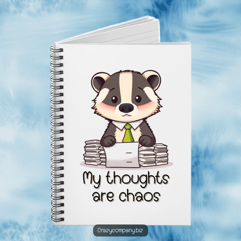 Funny notebook cover with a confused badger in a tie, looking at a huge mountain of documents.