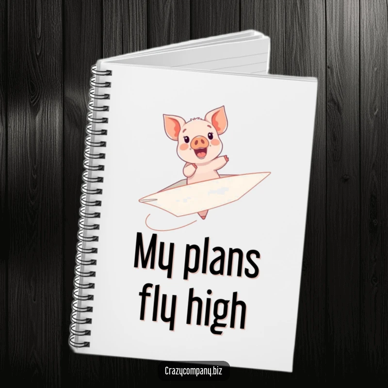 Funny notebook cover featuring a delighted piglet attempting to pilot a giant, wobbling paper airplane.