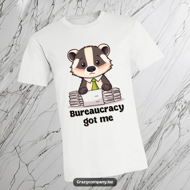 Funny t-shirt print of a bewildered badger wearing a tiny tie, buried under a mountain of documents.