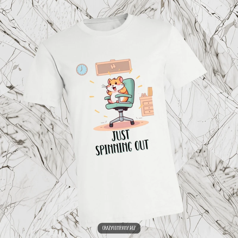 Funny t-shirt featuring a frantic hamster spinning wildly on a large, spinning office chair, embodying energetic chaos.
