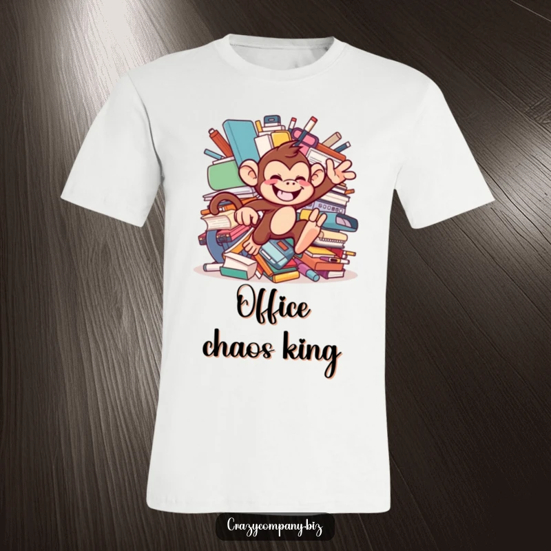 Funny t-shirt featuring a chattering monkey with a mischievous grin, leaping dynamically through a heap of oversized office supplies.
