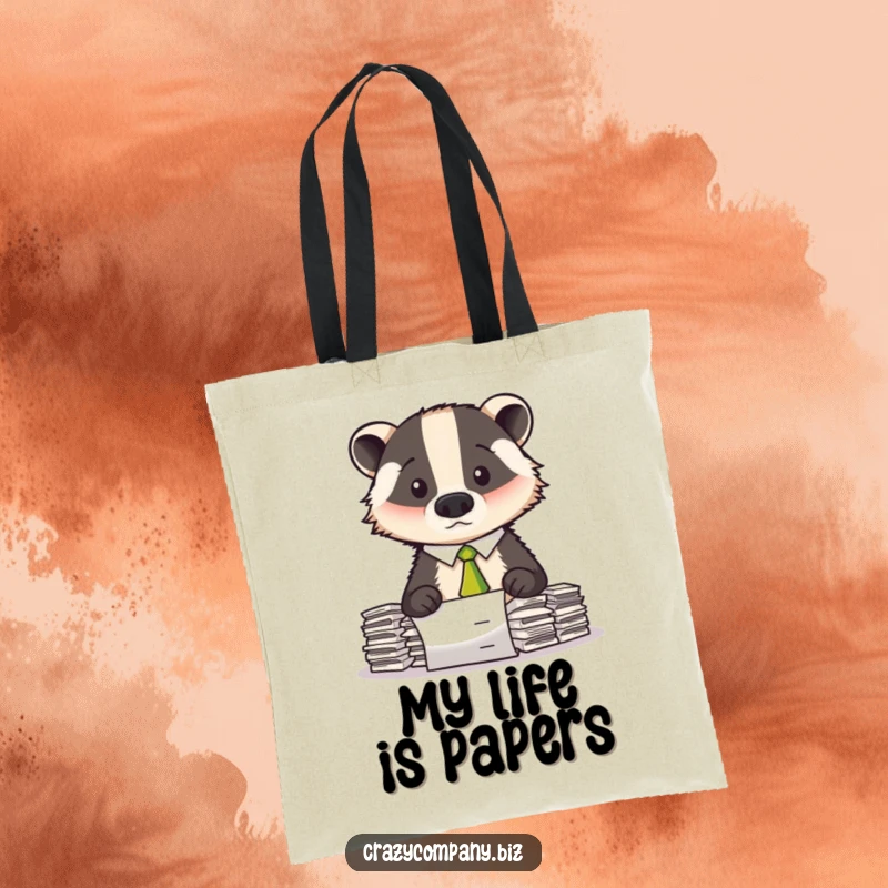 Funny tote bag featuring a confused badger with a crooked tie, looking overwhelmed by a large amount of paperwork.