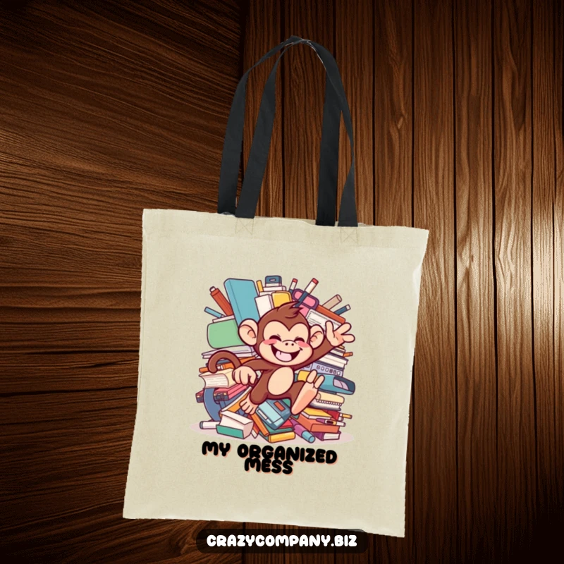 Funny tote bag featuring a chattering monkey with a mischievous grin, leaping through oversized office supplies, perfect for carrying essentials with flair.